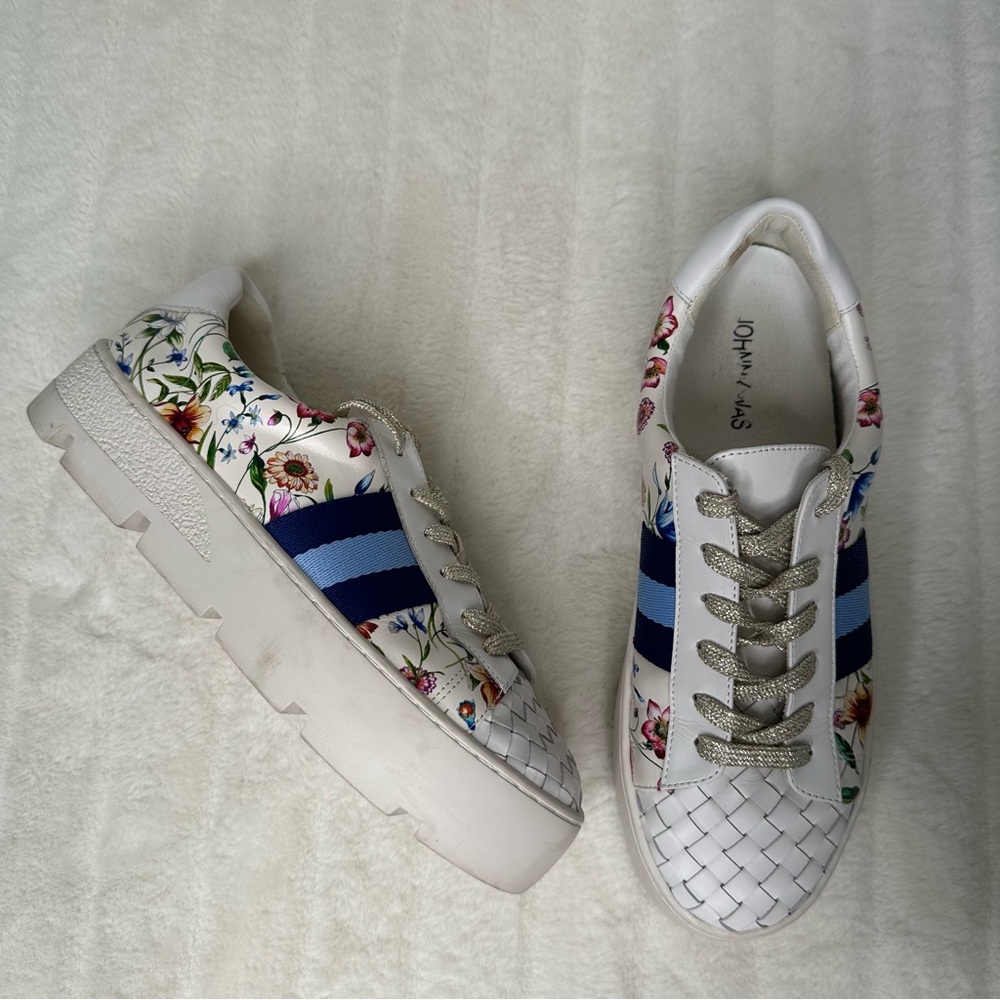 Johnny Was White Floral Sneakers with Blue Stripes